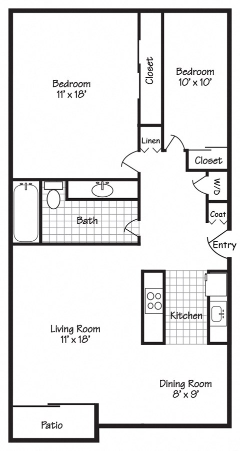 Floor plan for 2 beds, 1 bath, 834 sqft